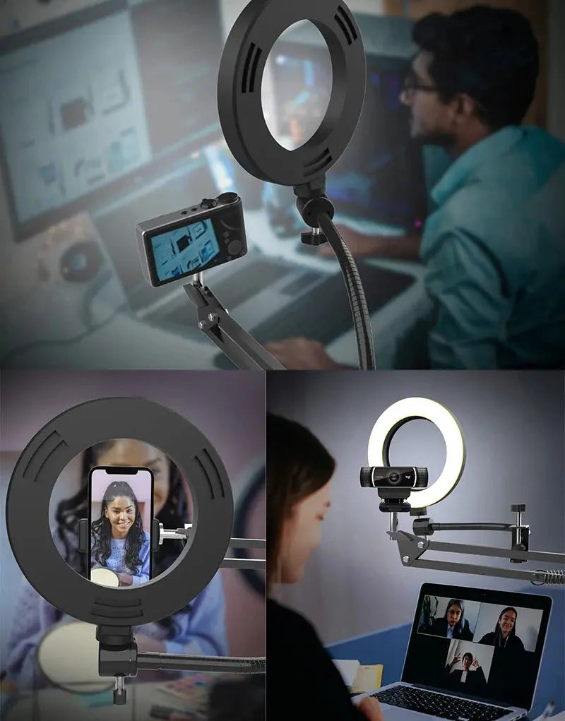 Ring light with smartphone holder and person using it in a video call setup.