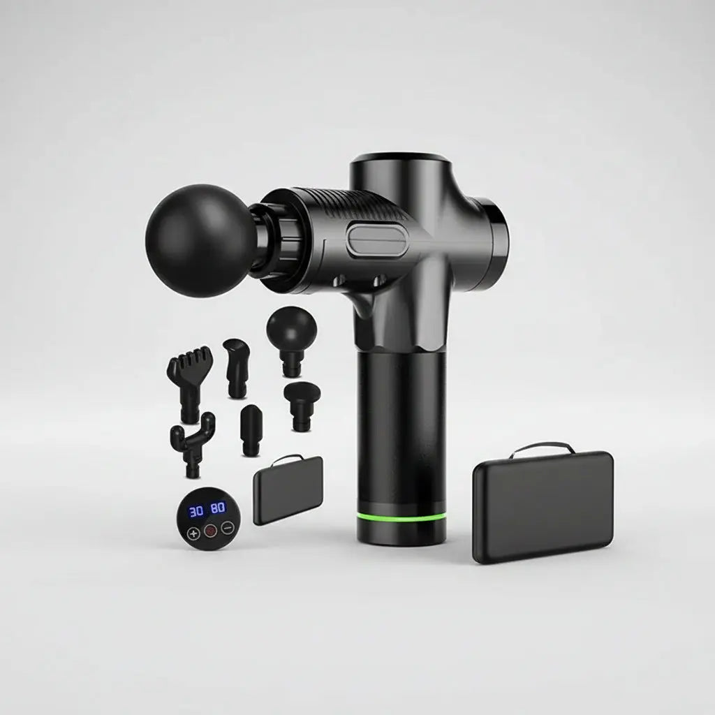 A black 30-level PAQIN JT88 massage gun displayed on a white background with its digital touch control panel layout, 6 interchangeable massage attachment heads, and a compact black zipper carrying storage case.