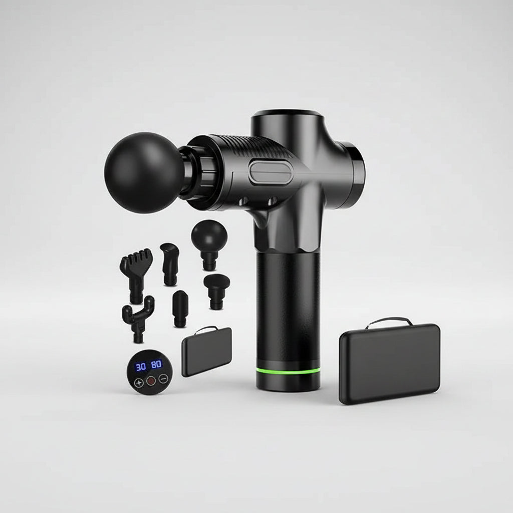 A black 30-level PAQIN JT88 massage gun displayed on a white background with its digital touch control panel layout, 6 interchangeable massage attachment heads, and a compact black zipper carrying storage case.