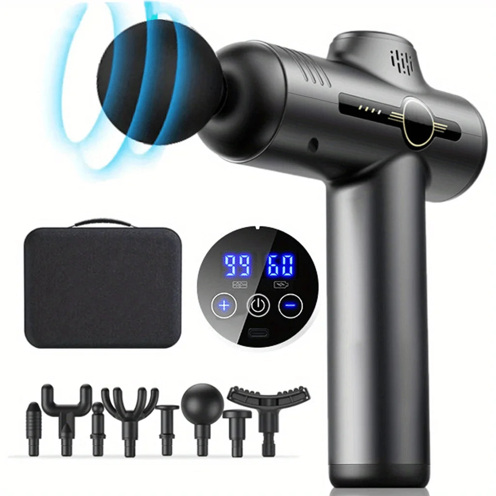 A 99-level black PAQIN JT88 massage gun displayed alongside its 4 interchangeable massage heads, a sleek storage carrying case, and an integrated digital LED control screen graphic.