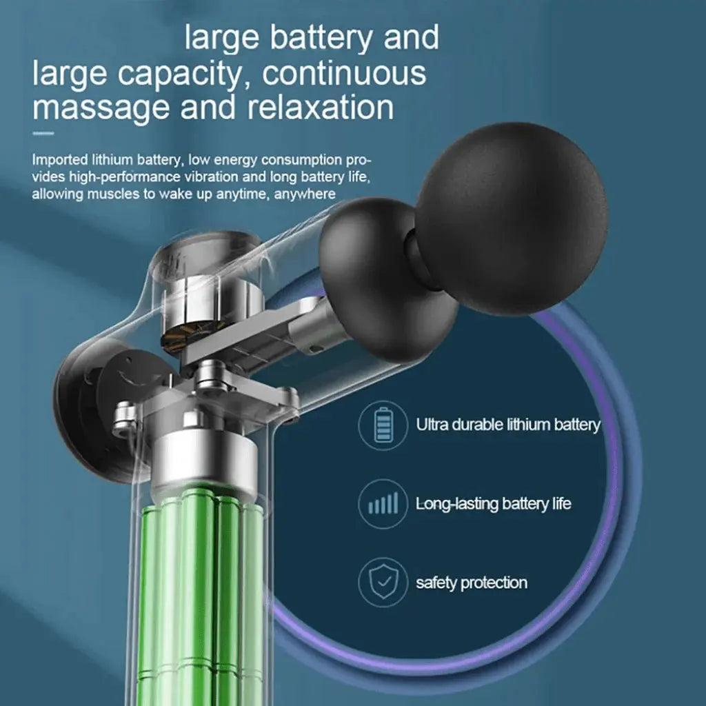 An infographic of a translucent PAQIN JT88 massage gun highlighting its internal green lithium battery cells, long-lasting battery life, and safety protection layout on a blue background.
