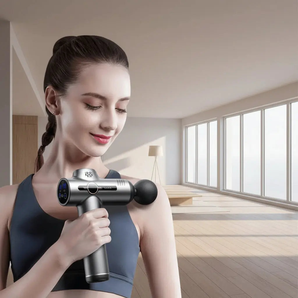 An infographic of a woman smiling while applying a silver and black PAQIN JT88 massage gun to her shoulder, featuring text highlighting deep relaxation fascia gun muscle soreness relief.