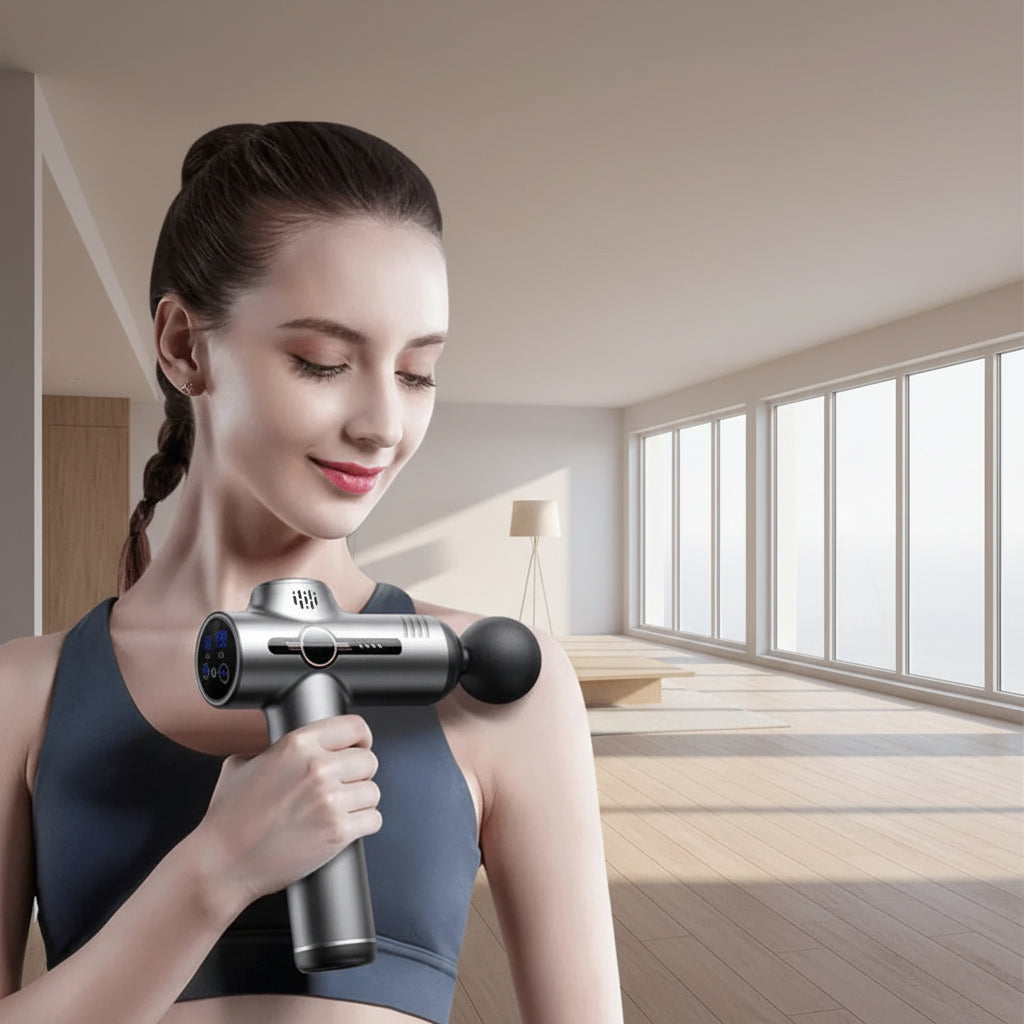 An infographic of a woman smiling while applying a silver and black PAQIN JT88 massage gun to her shoulder, featuring text highlighting deep relaxation fascia gun muscle soreness relief.