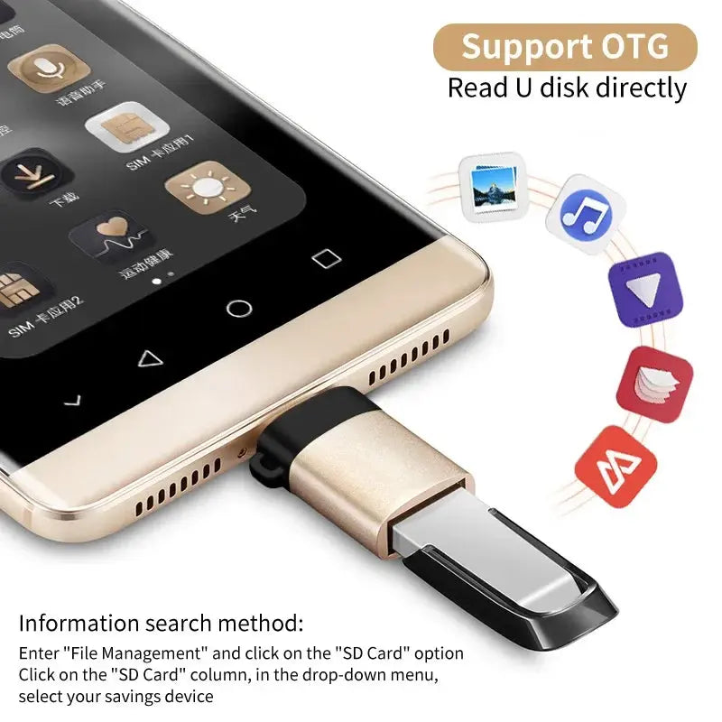 Phone adapter with OTG support and U disk reading capability on a white background