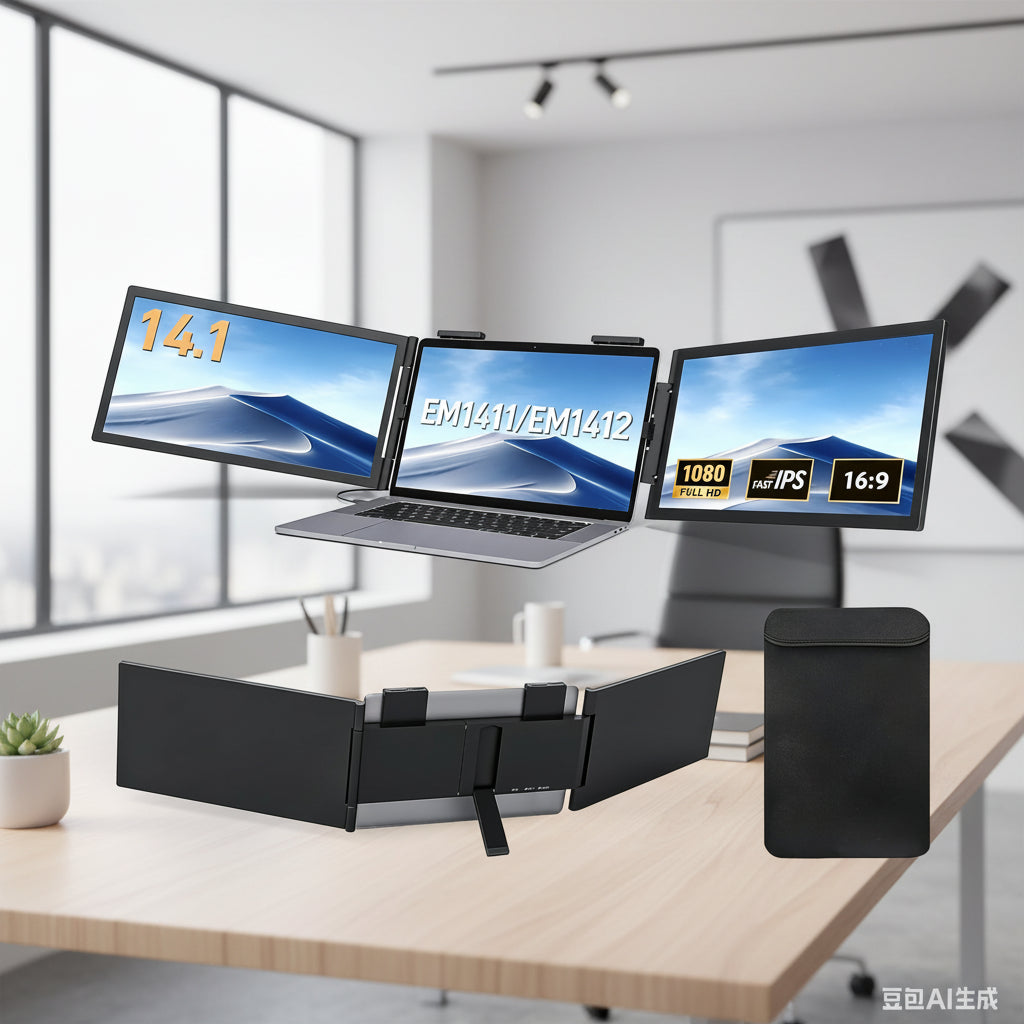 Portable triple laptop screen extender showing a 14.1-inch triple monitor setup with a laptop.
