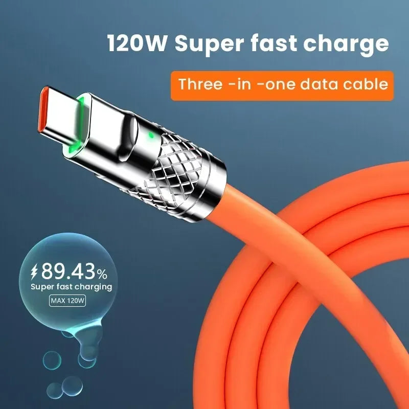 120W 6A 3-in-1 Fast Charge Cable – USB-C, Micro USB & Lightning, 1.2m