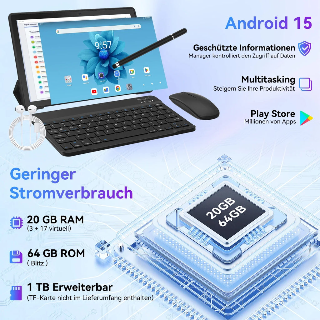 Android 15 Tablet 10.1" – 20GB RAM, 64GB, Full Accessory Bundle
