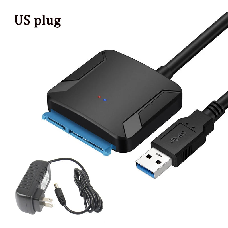 USB hard drive enclosure with power adapter and cable on a white background