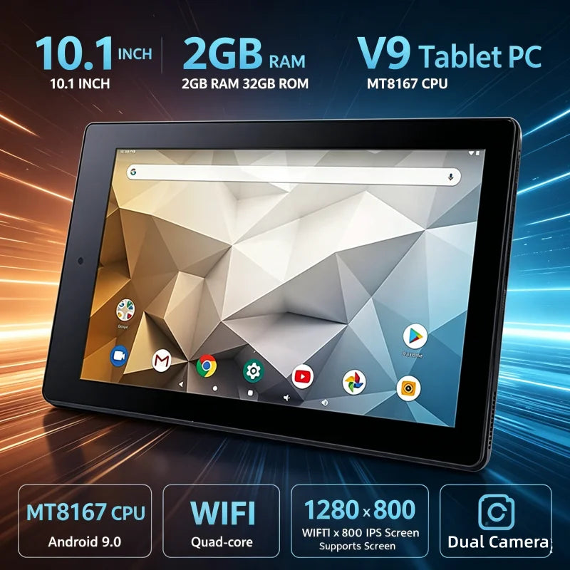 10.1" V9 Tablet PC – 2GB RAM 32GB ROM | Android 9.0 | Quad-Core MT8167 | 1280x800 IPS | Dual Camera | WiFi