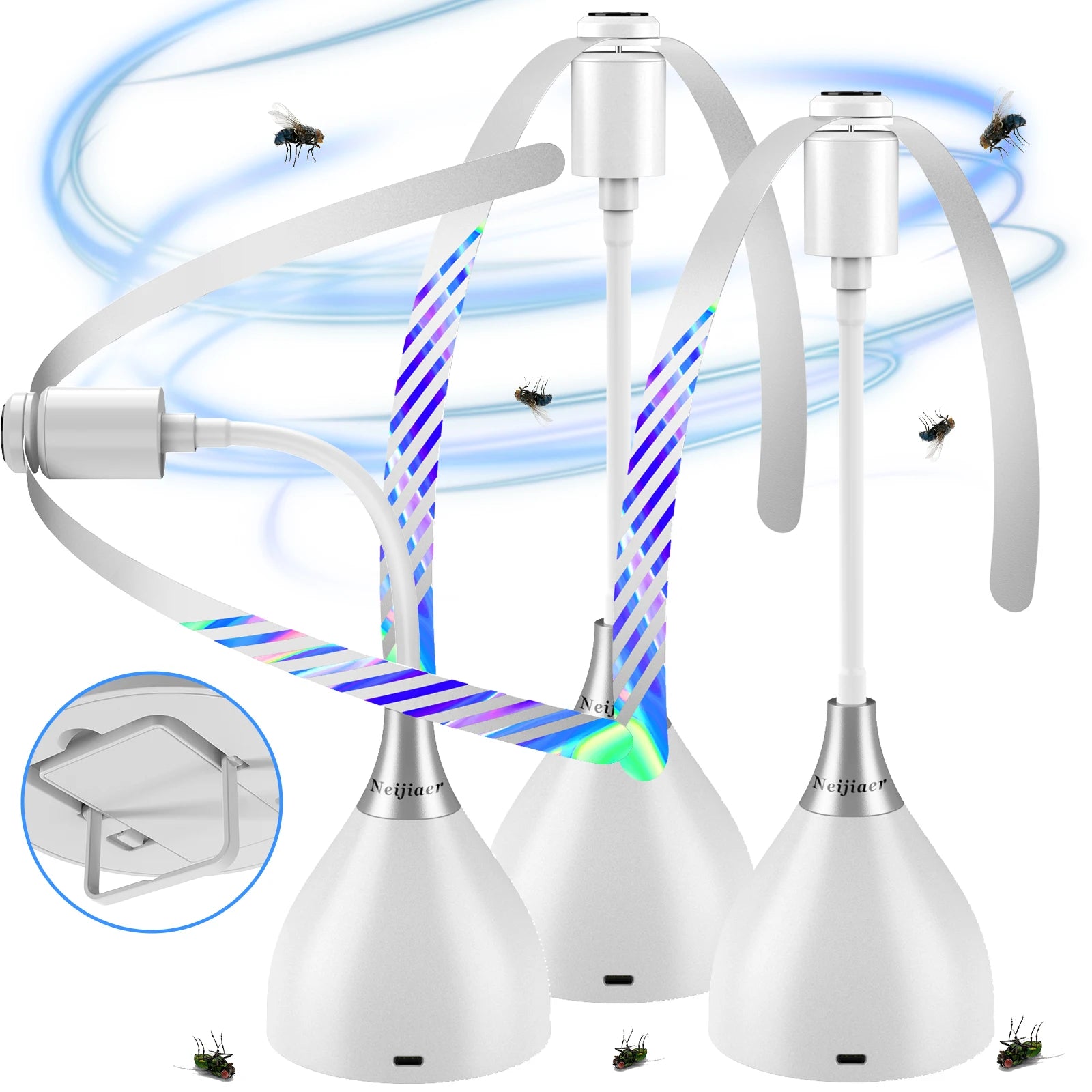 White electronic device with LED lights and insect traps on a white background
