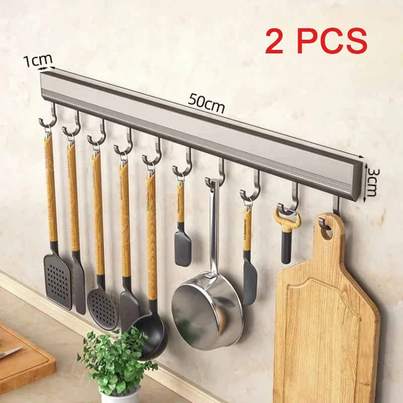 Wall-Mounted Hook Rack – No-Drill, 6, 8 or 10 Hooks, Space Aluminium