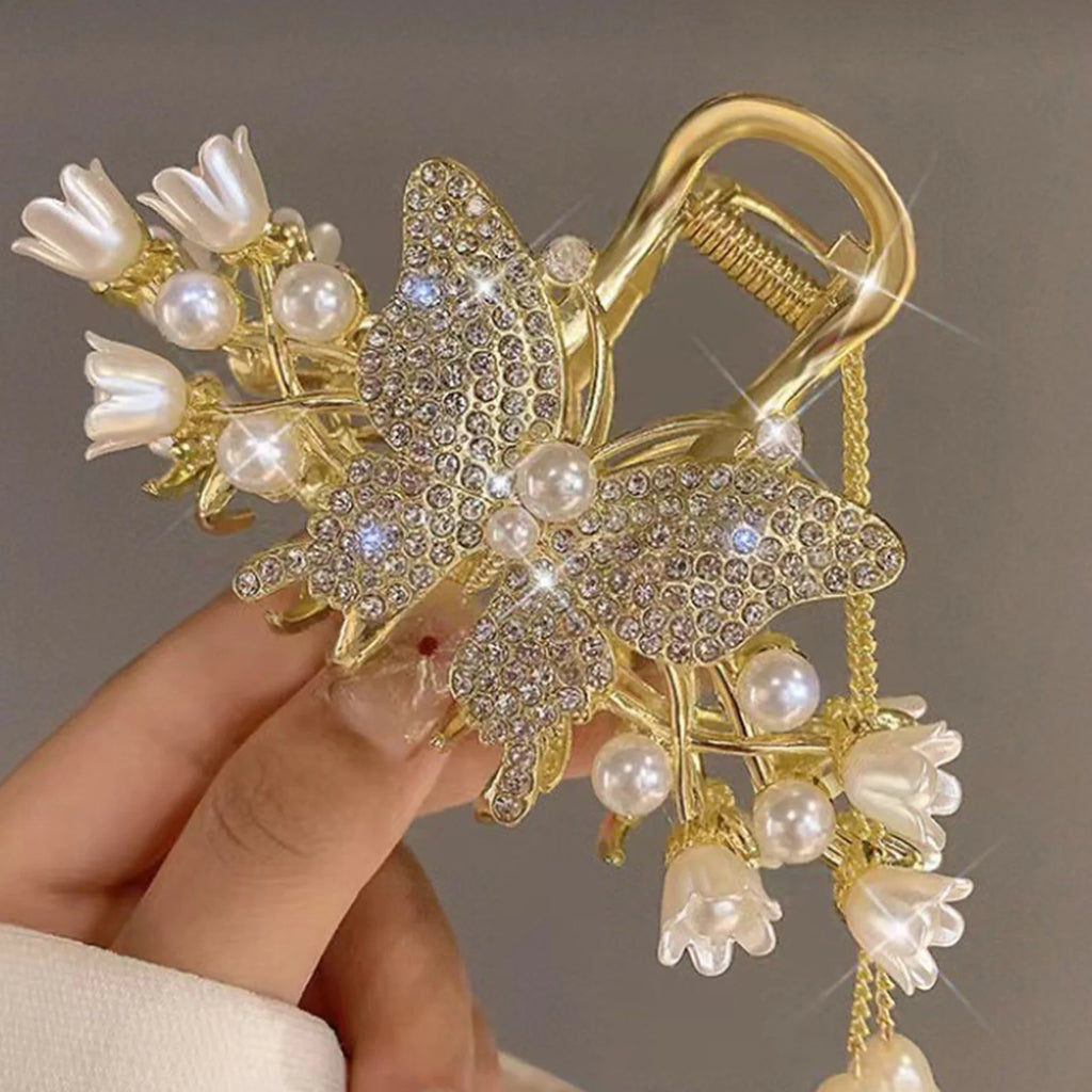 Butterfly Flower Hair Claw Clip with Pearl Pendant