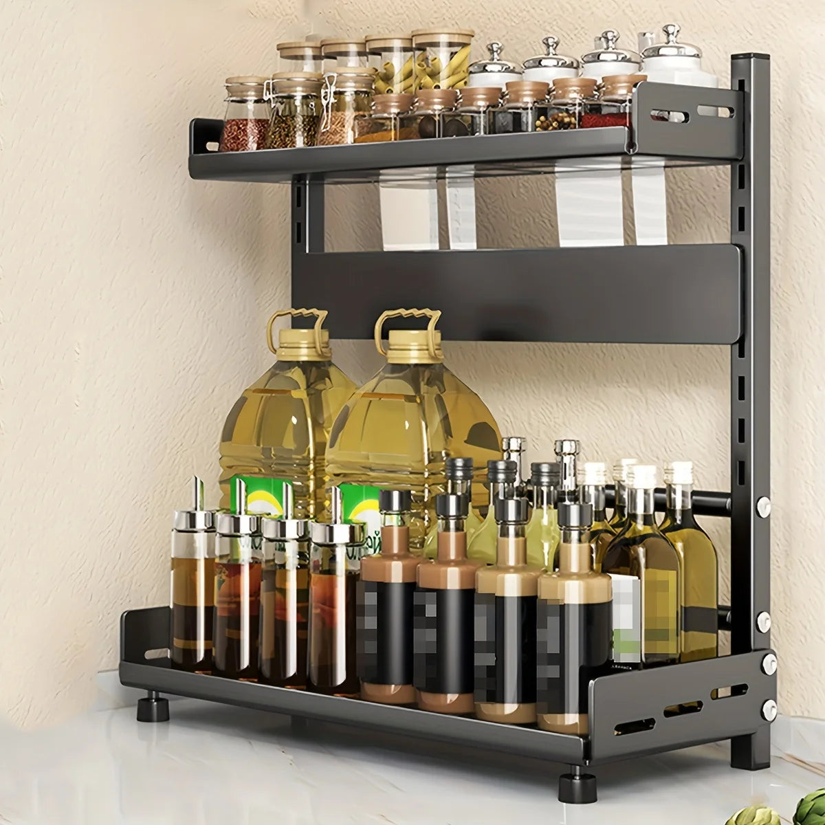 2-Tier Carbon Steel Spice & Utensil Rack | Countertop Kitchen Storage Organiser