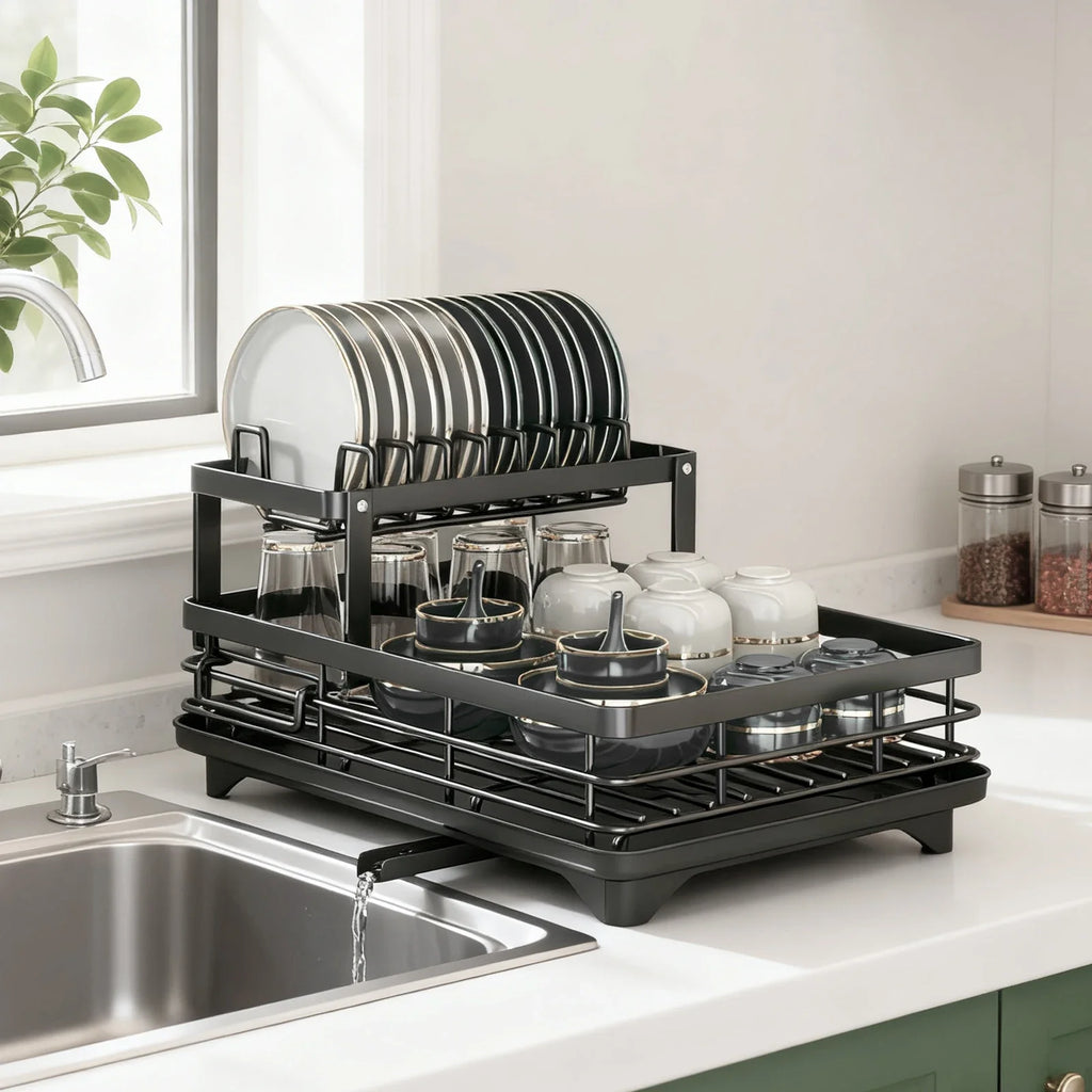 2-Layer Dish Drain Rack with Knife, Cup & Utensil Holder