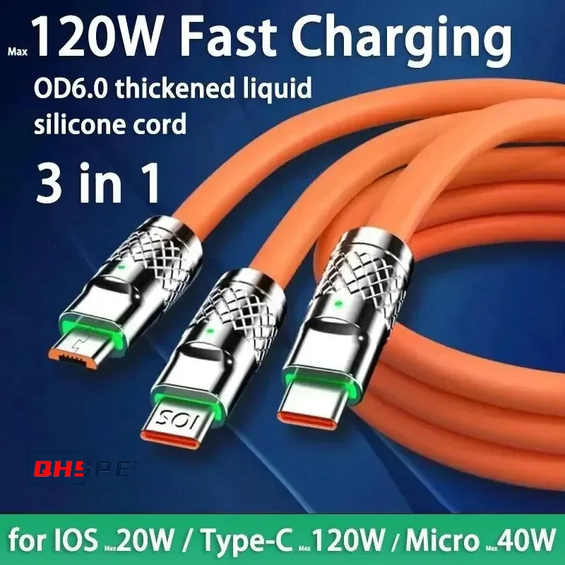 120W 6A 3-in-1 Fast Charge Cable – USB-C, Micro USB & Lightning, 1.2m