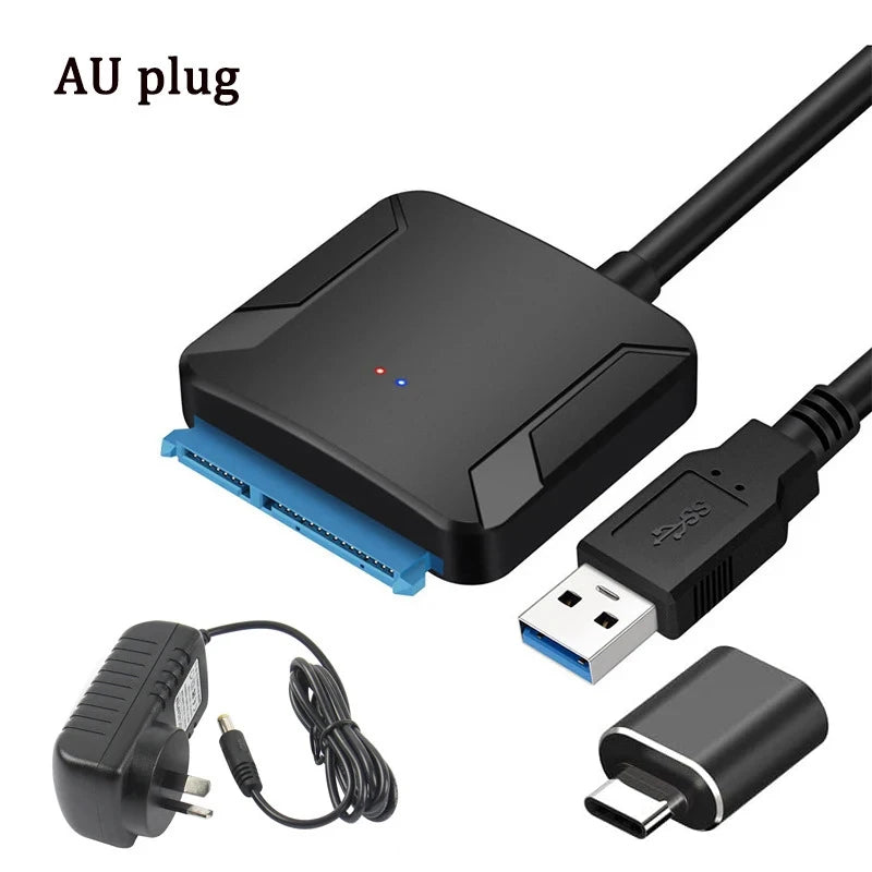 Computer hardware components including a USB 3.0 hub, power adapter, and cable on a white background.