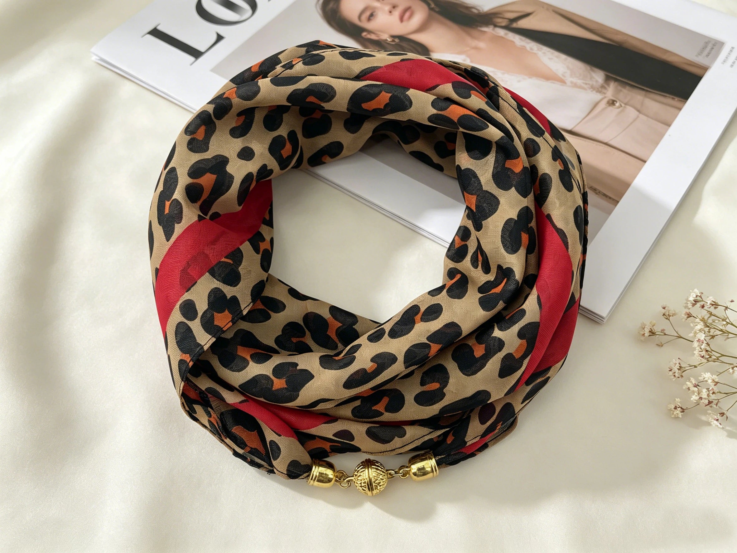Leopard Print Magnetic Buckle Square Scarf