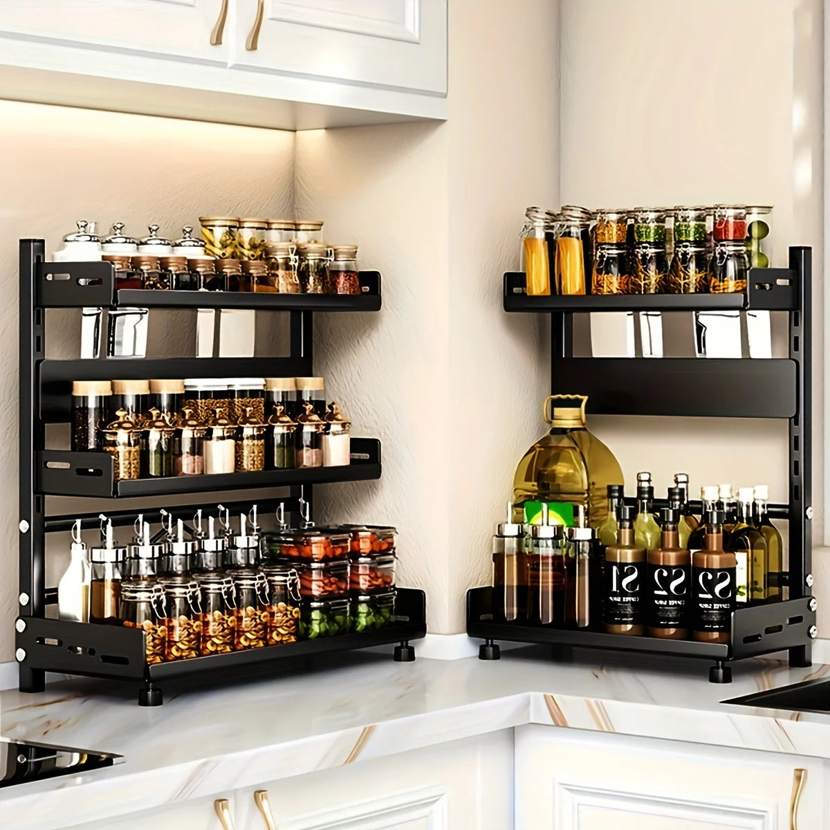 2-Tier Carbon Steel Spice & Utensil Rack | Countertop Kitchen Storage Organiser