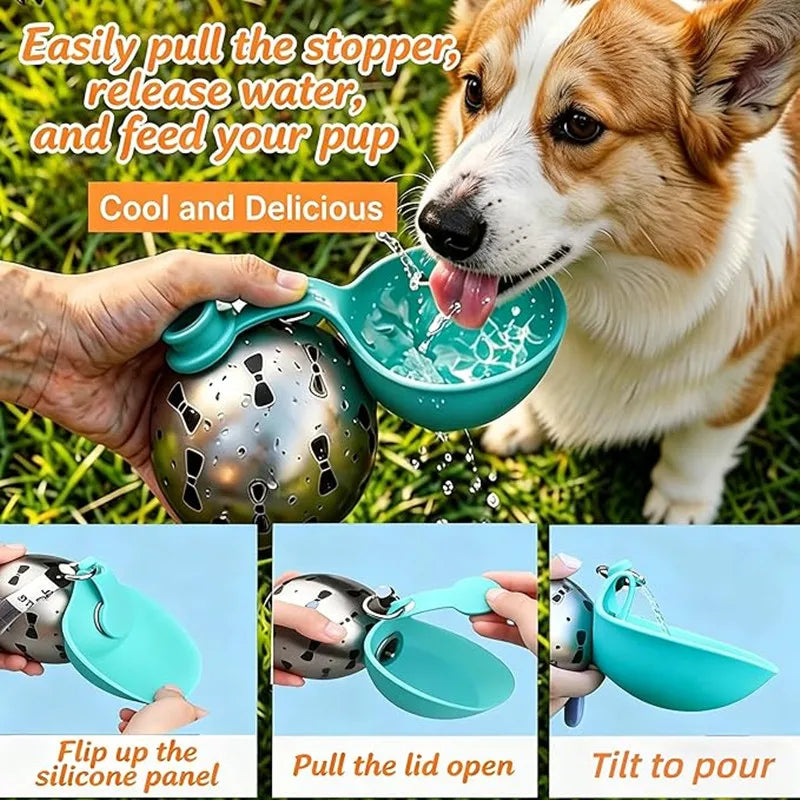 Stainless Steel Portable Dog Water Bottle with Silicone Bowl – No-Spill Travel Dispenser
