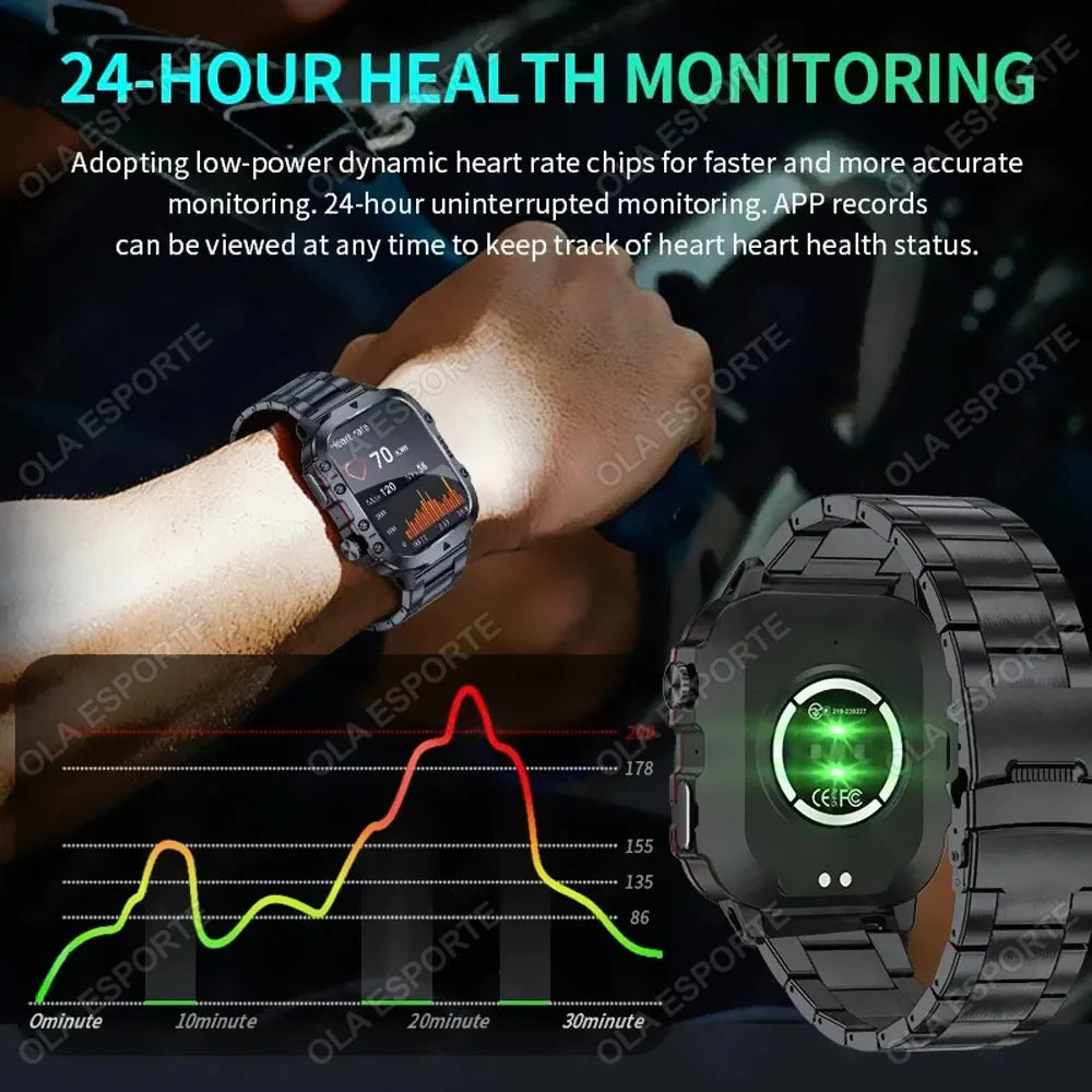 New- 2026 New Military Smart Watch Men IP67 3ATM Outdoor Sports Fitness Tracker Blood Pressure Health Monitor BT Calls GPS Smartwatch