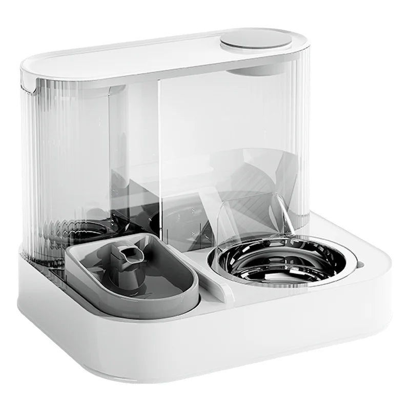 Modern pet feeder with water fountain and bowl for cats and dogs, placed on a wooden floor
