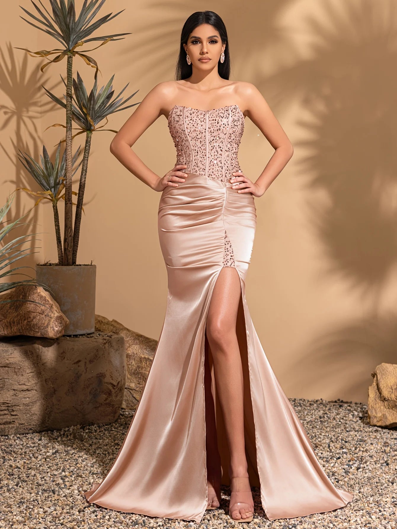 Satin Pleated Floor-Length Sequined Patchwork Strapless Dress With Back Ties Nexsora Home Satin Pleated Floor-Length Sequined Patchwork Strapless Dress With Back Ties Satin Pleated Floor-Length Sequined Patchwork Strapless Dress With Back Ties  Nexsora Home