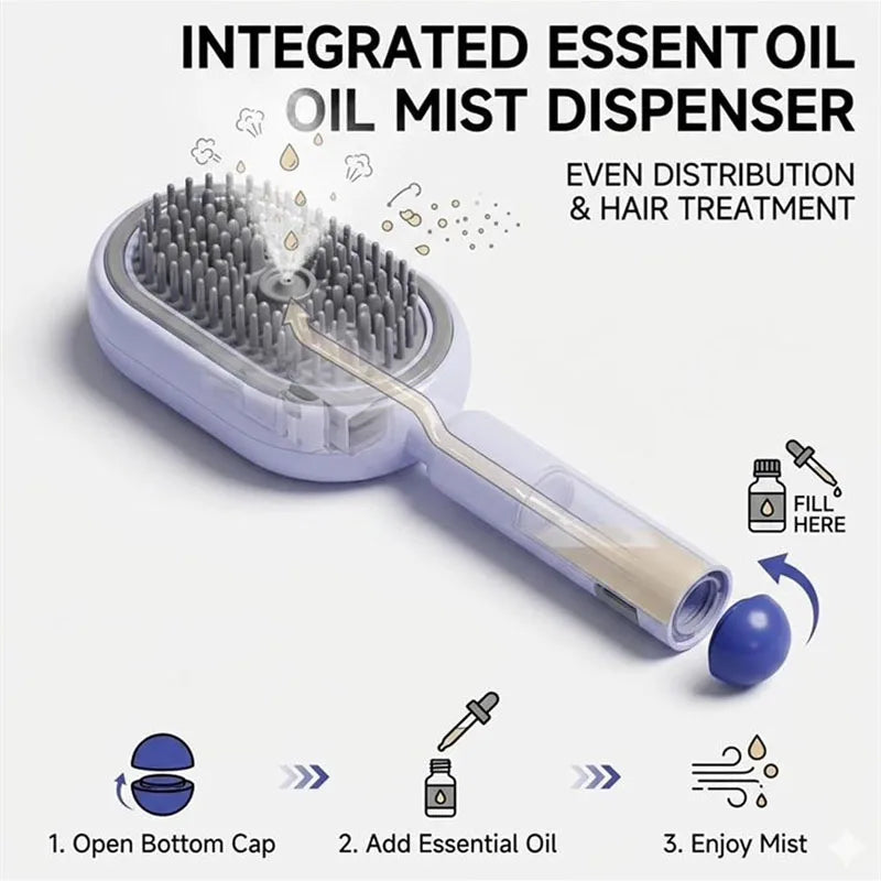 3-in-1 Electric Spray Massage Comb — Steam, Essential Oil & Self-Cleaning Hair Brush
