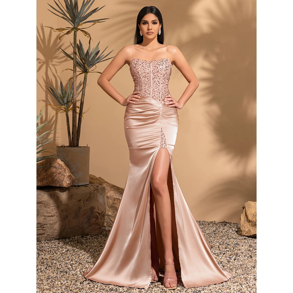 Satin Pleated Floor-Length Sequined Patchwork Strapless Dress With Back Ties Nexsora Home Satin Pleated Floor-Length Sequined Patchwork Strapless Dress With Back Ties Satin Pleated Floor-Length Sequined Patchwork Strapless Dress With Back Ties  Nexsora Home