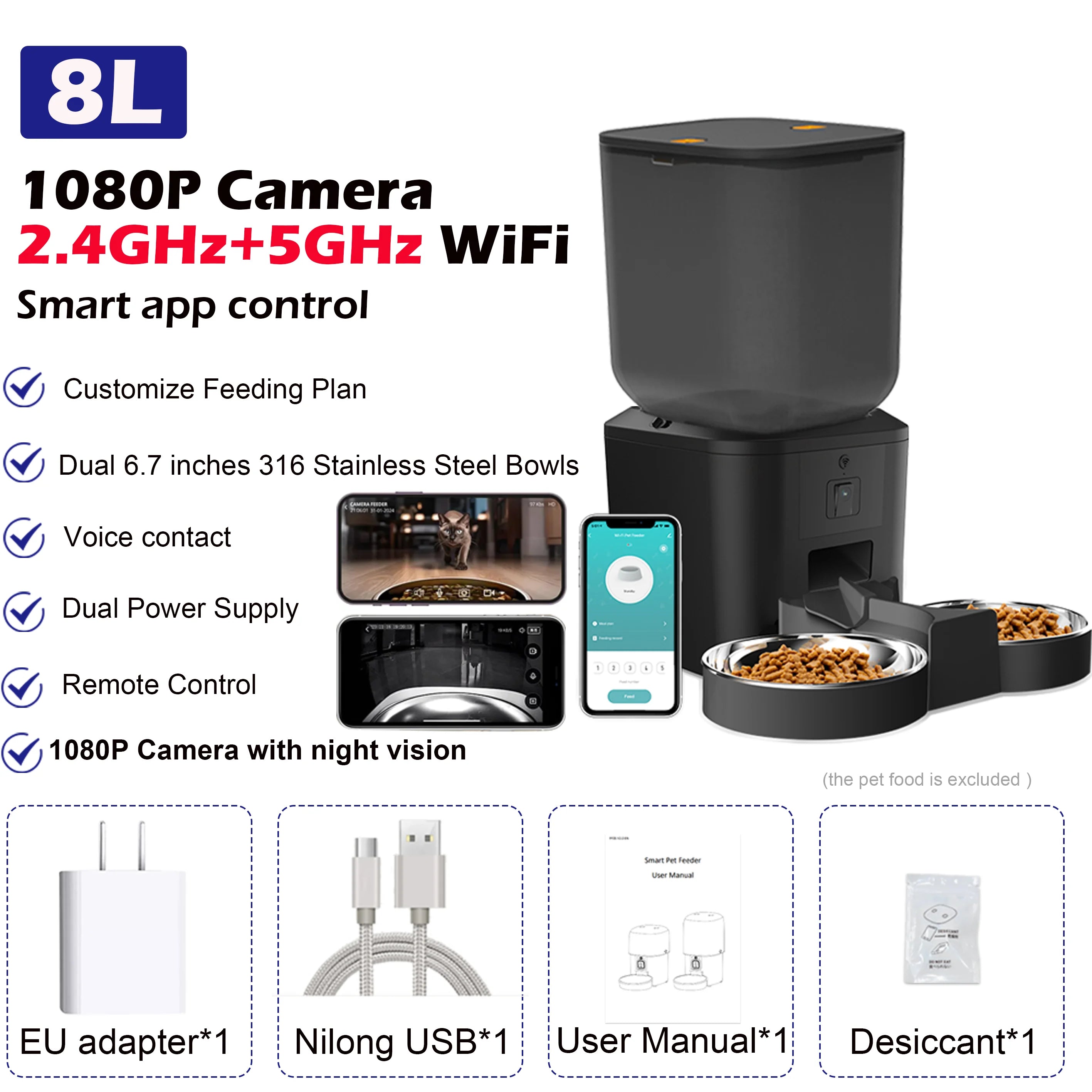 Black pet feeder with 1080P camera, dual WiFi connectivity, and app control on a white background.