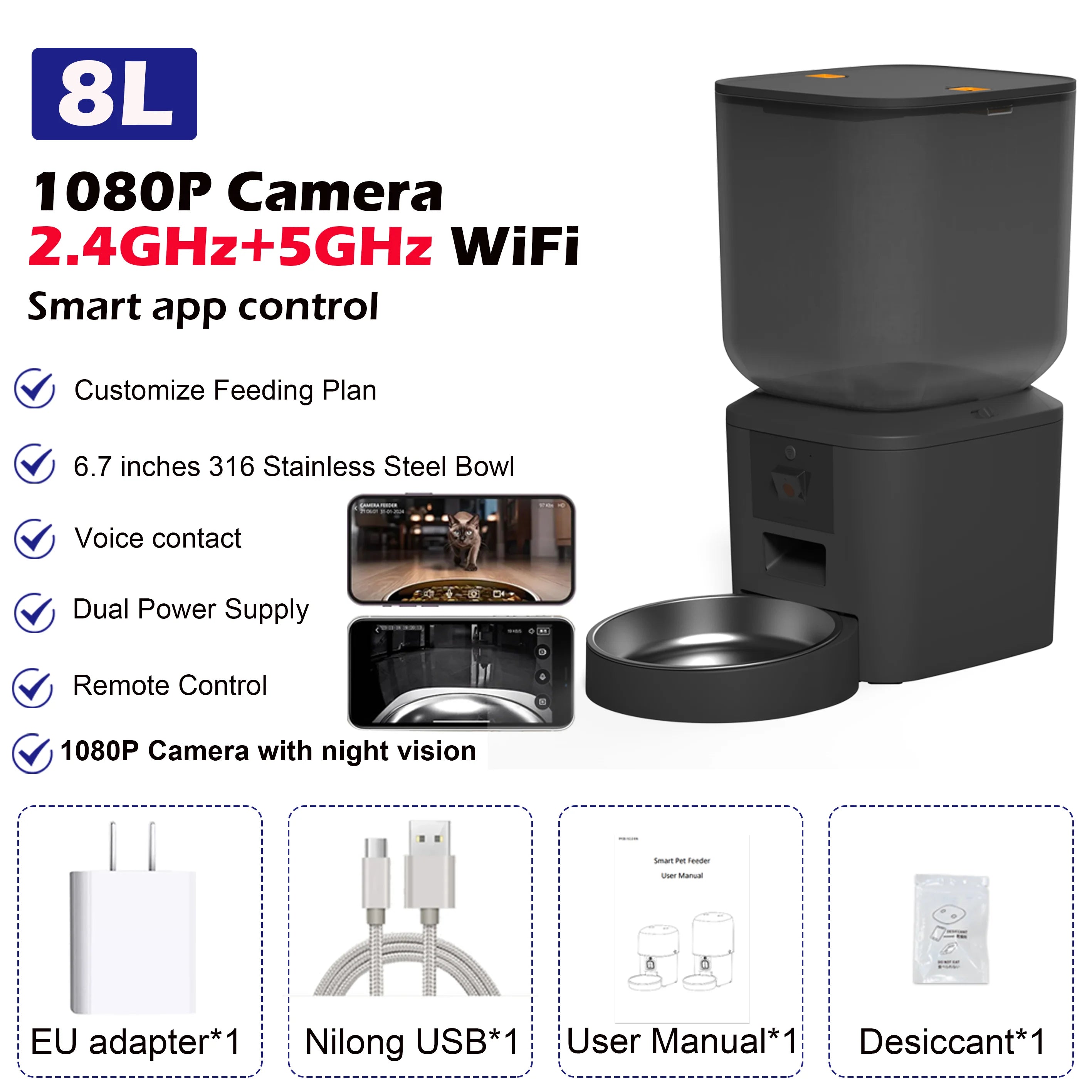 Black pet feeder with 1080P camera, WiFi connectivity, and various features listed on a white background.