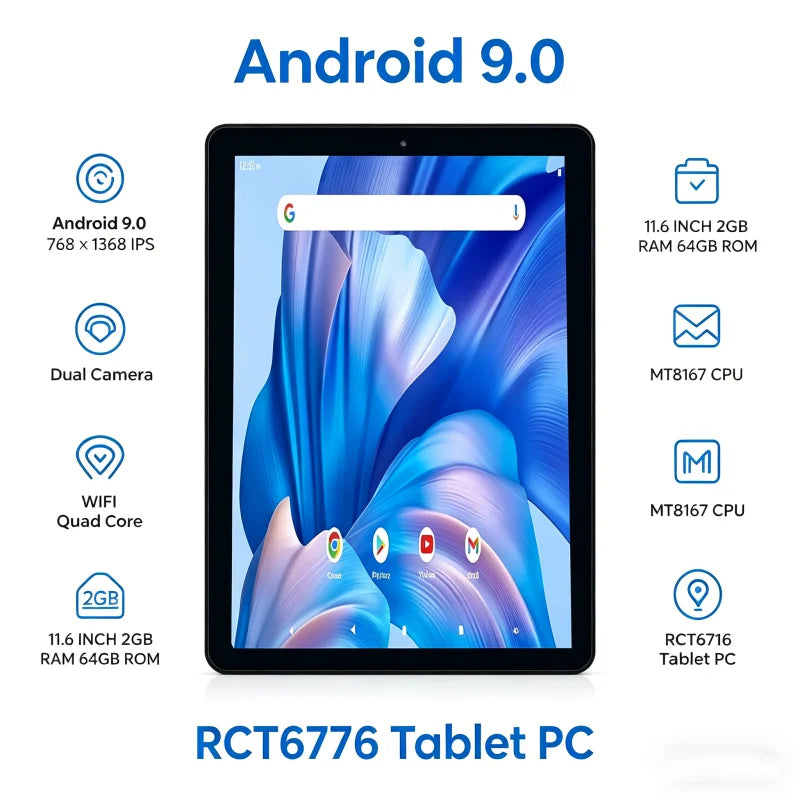 11.6" Android 9.0 Tablet PC – Quad Core, 2GB RAM, 32GB, Dual Camera, WiFi