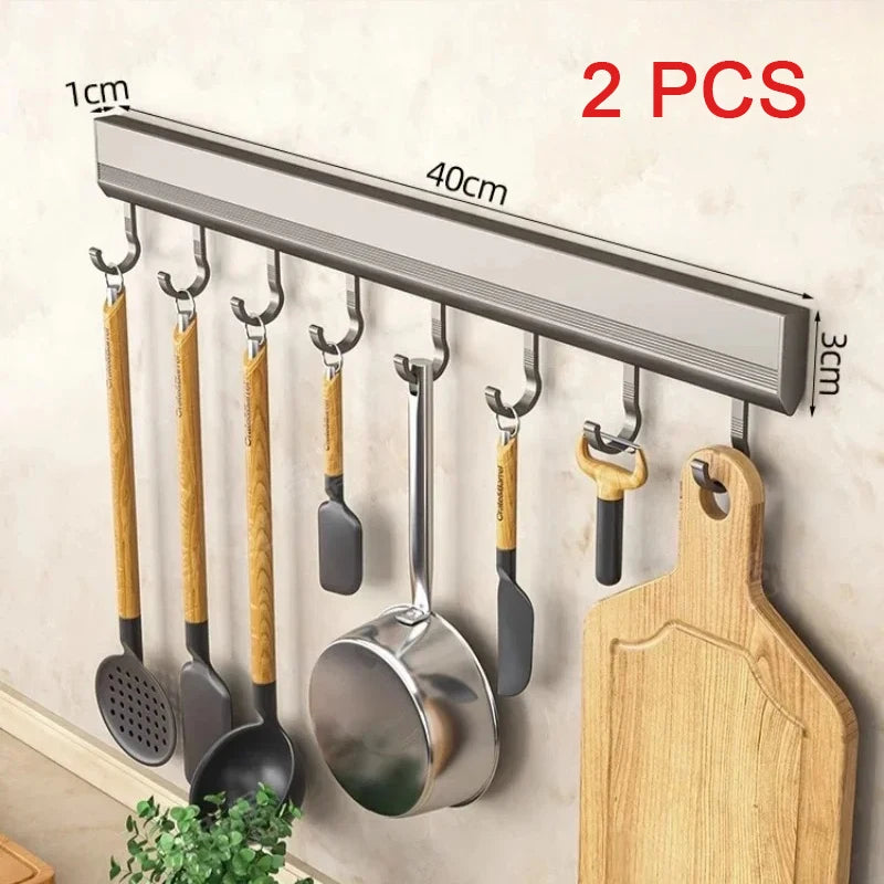 Wall-Mounted Hook Rack – No-Drill, 6, 8 or 10 Hooks, Space Aluminium