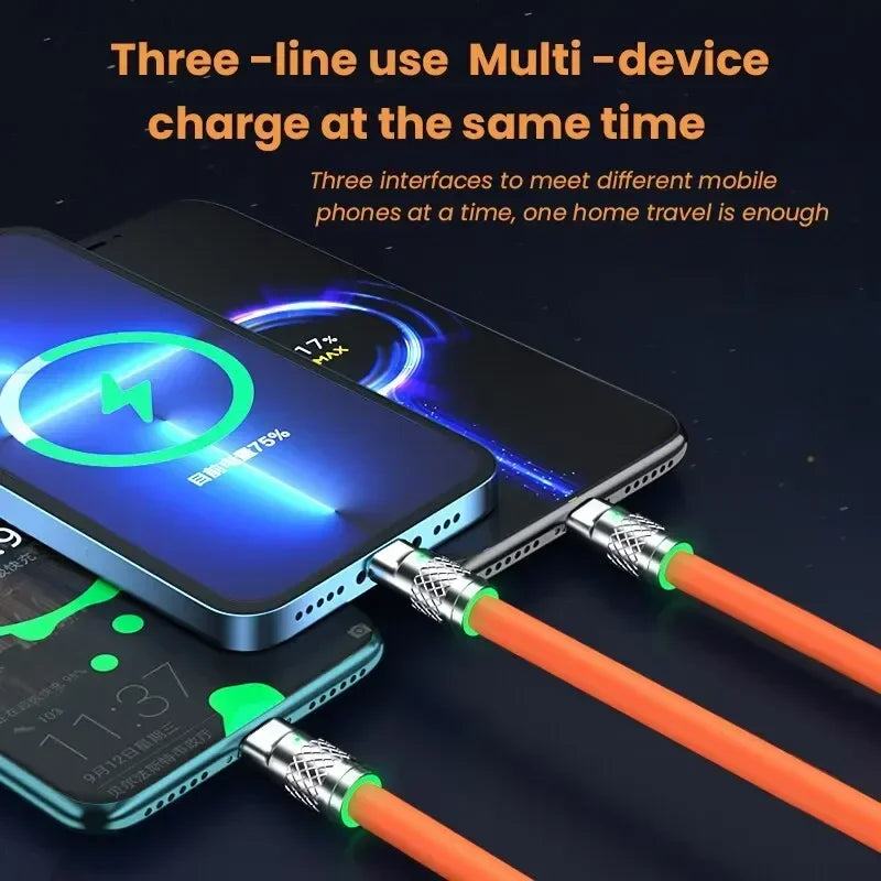 120W 6A 3-in-1 Fast Charge Cable – USB-C, Micro USB & Lightning, 1.2m