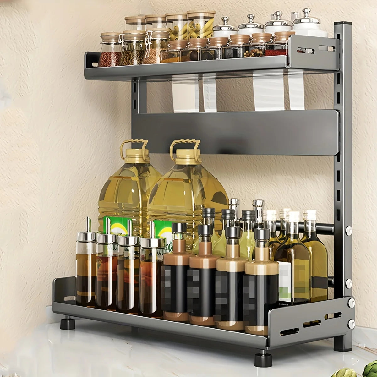2-Tier Carbon Steel Spice & Utensil Rack | Countertop Kitchen Storage Organiser