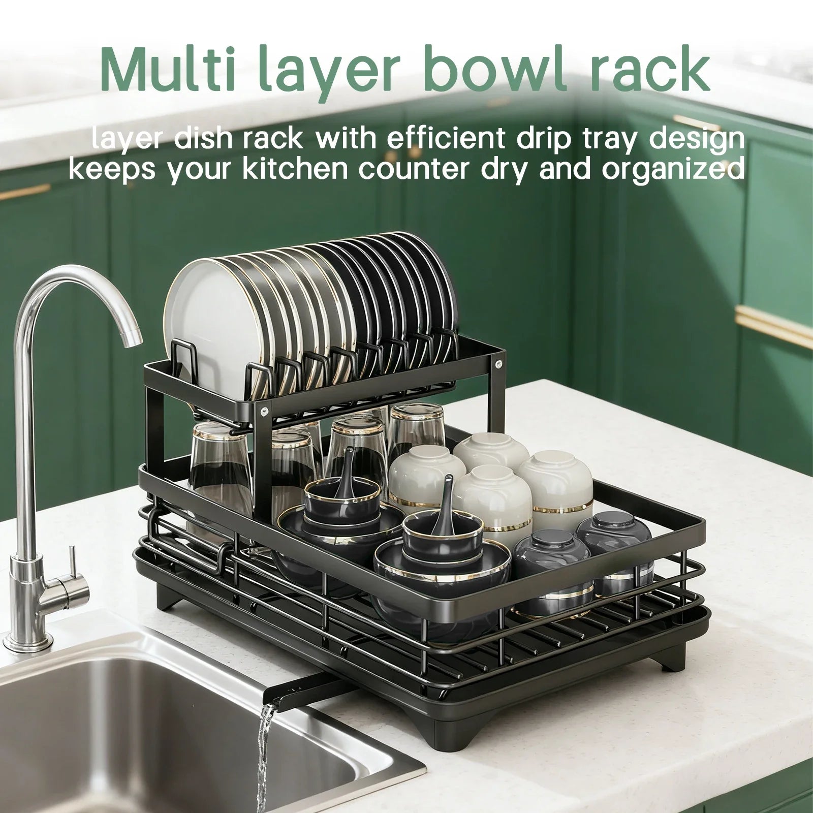 2-Layer Dish Drain Rack with Knife, Cup & Utensil Holder