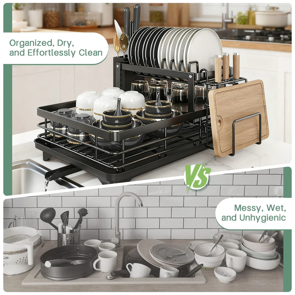 2-Layer Dish Drain Rack with Knife, Cup & Utensil Holder