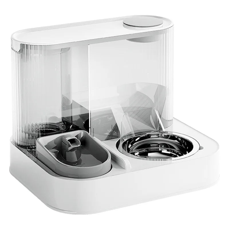 Modern pet feeder with water fountain and bowl for cats and dogs, placed on a wooden floor