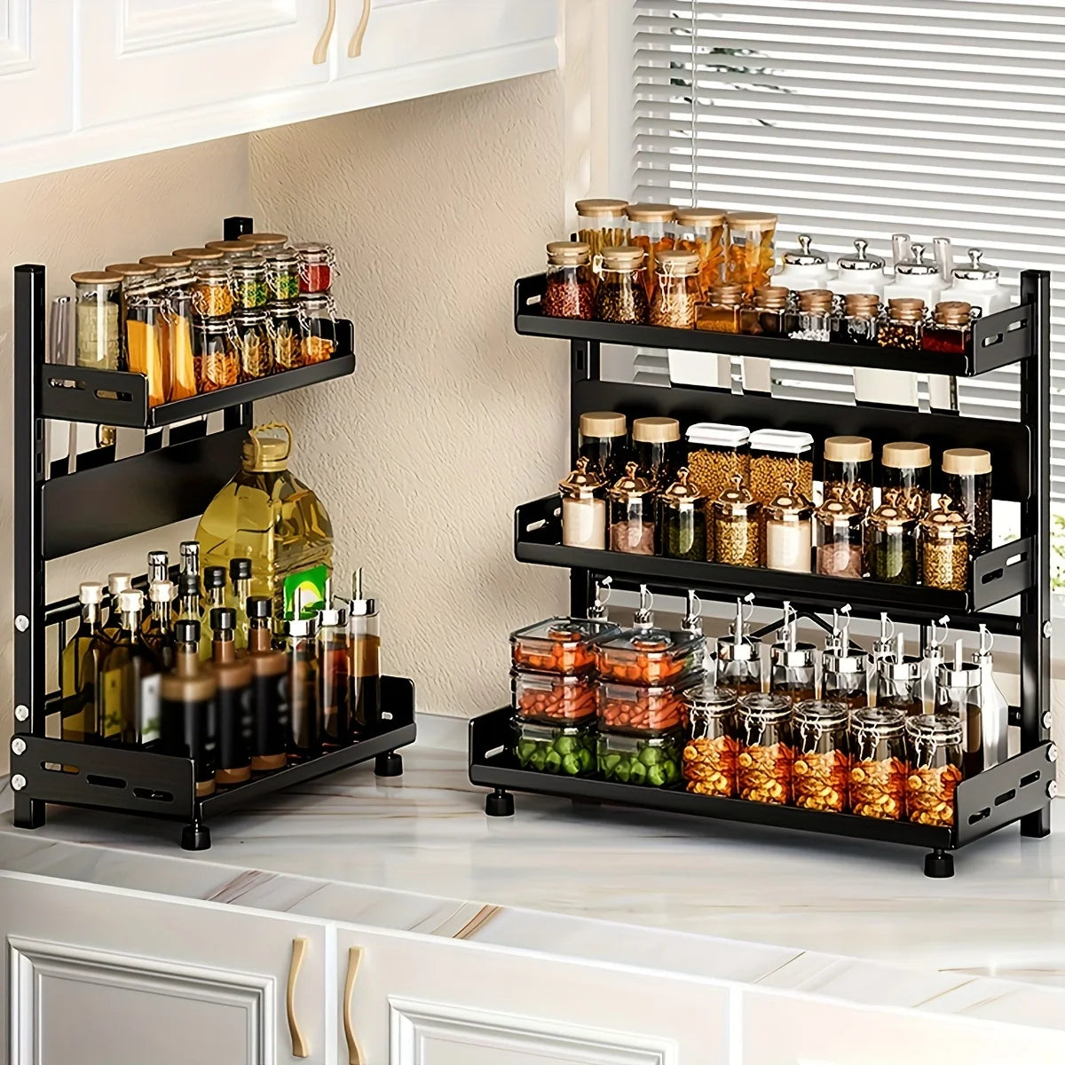 2-Tier Carbon Steel Spice & Utensil Rack | Countertop Kitchen Storage Organiser