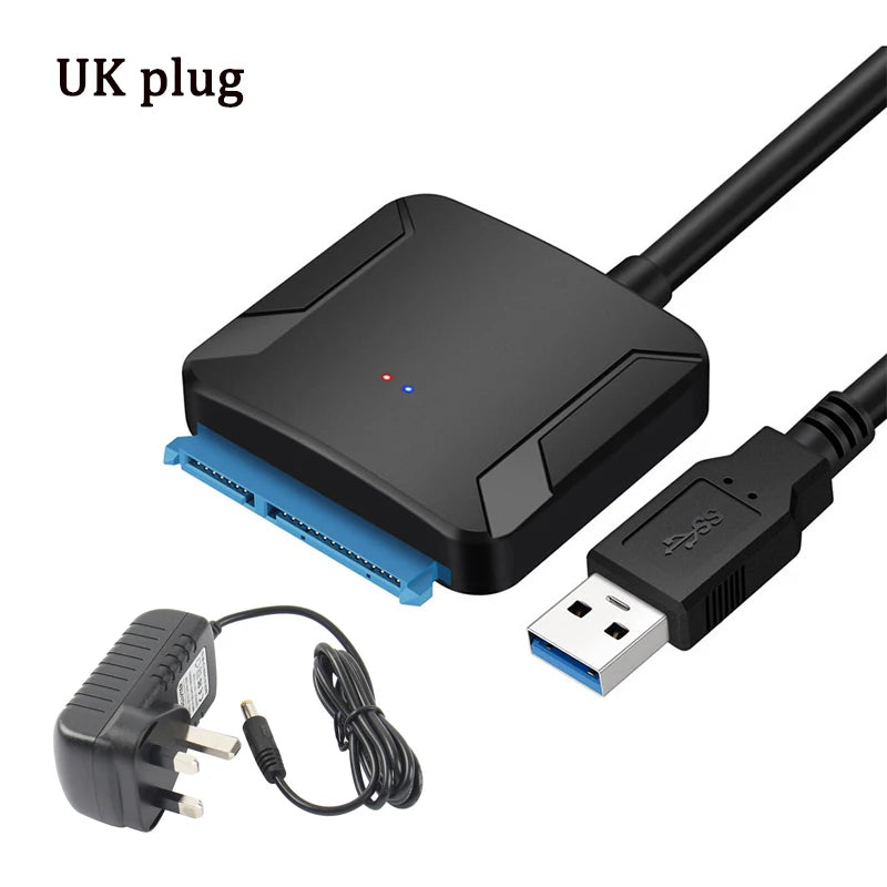 Computer hardware components including a black adapter, blue cable, USB cable, and power adapter on a white background.