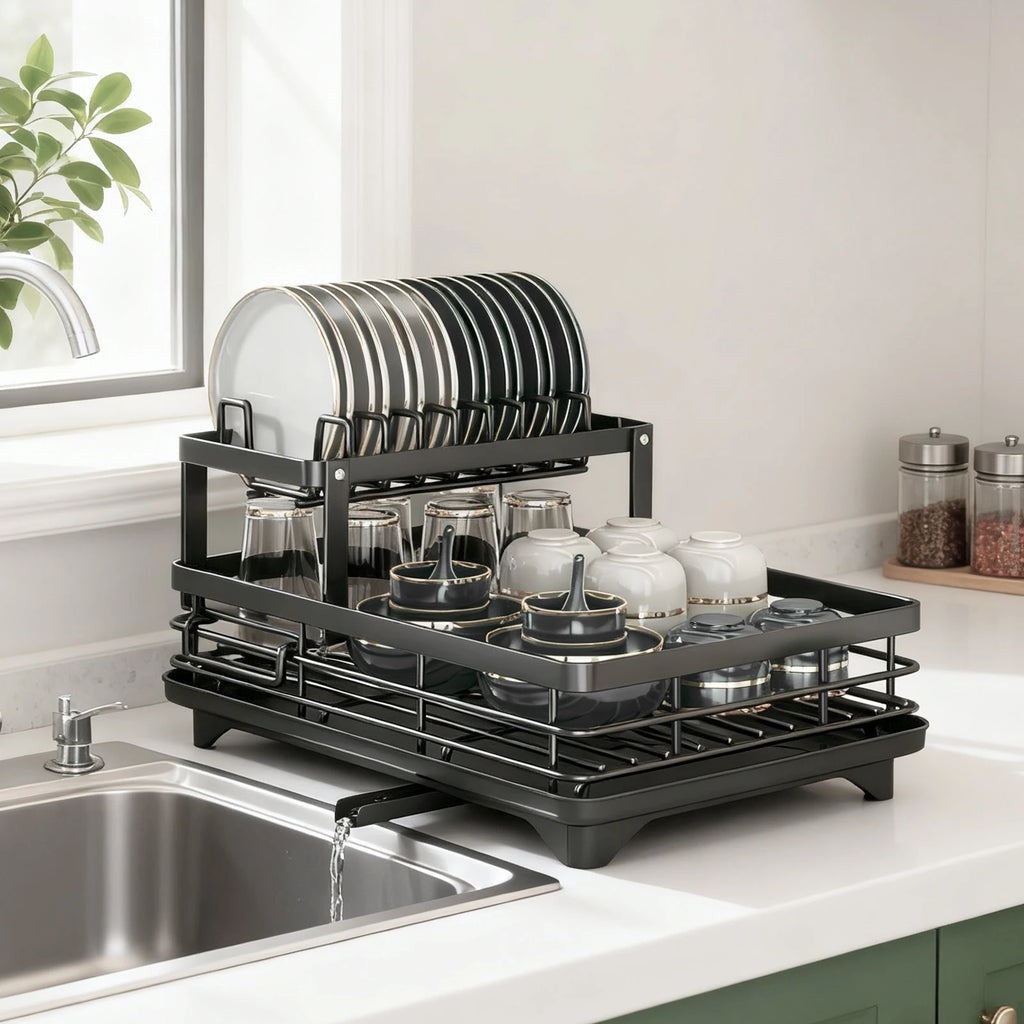 2-Layer Dish Drain Rack with Knife, Cup & Utensil Holder