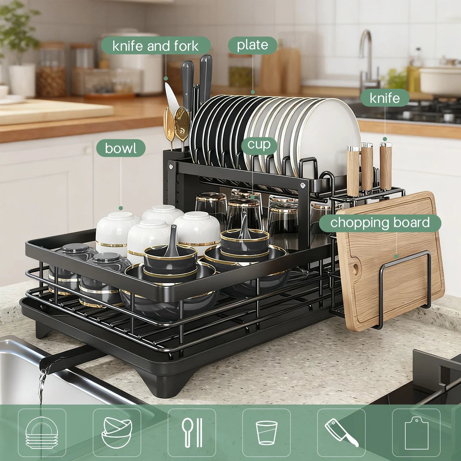 2-Layer Dish Drain Rack with Knife, Cup & Utensil Holder