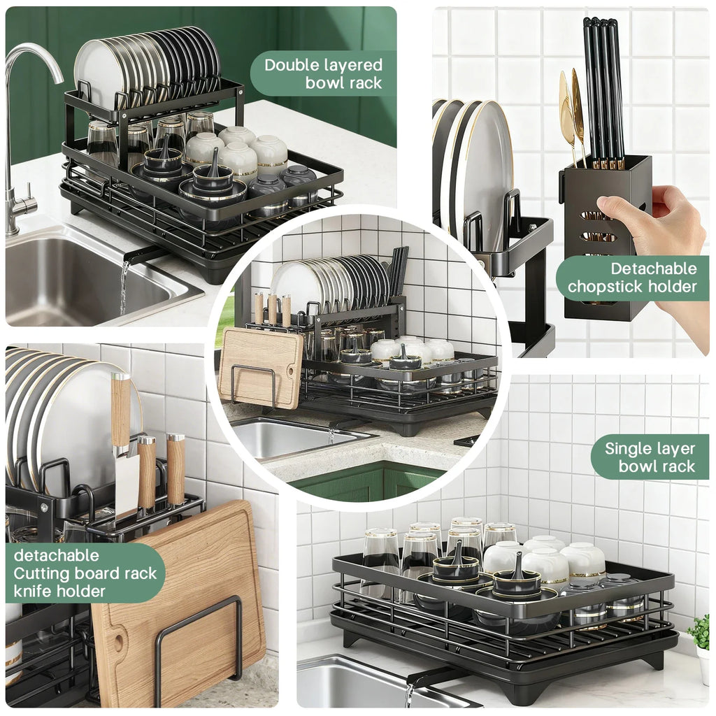 2-Layer Dish Drain Rack with Knife, Cup & Utensil Holder