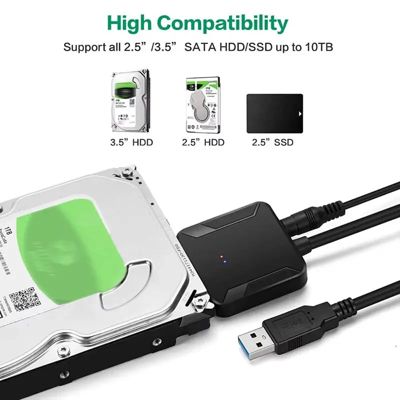 Hard drive and USB cable with text about high compatibility for various HDD/SSD sizes.