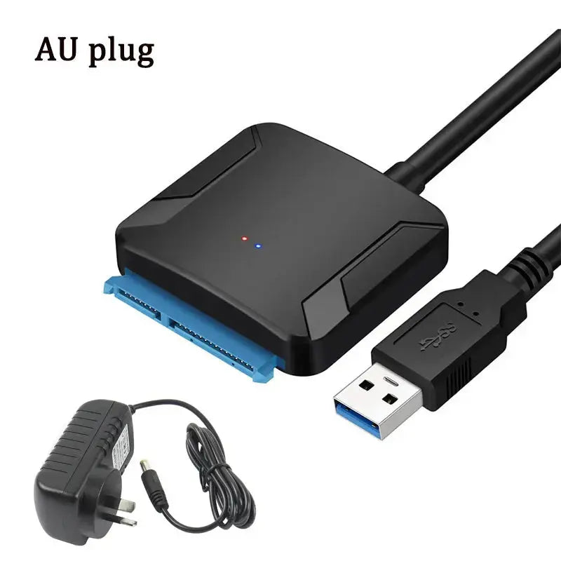 Computer hardware components including a USB 3.0 adapter, power adapter, and cable on a white background.