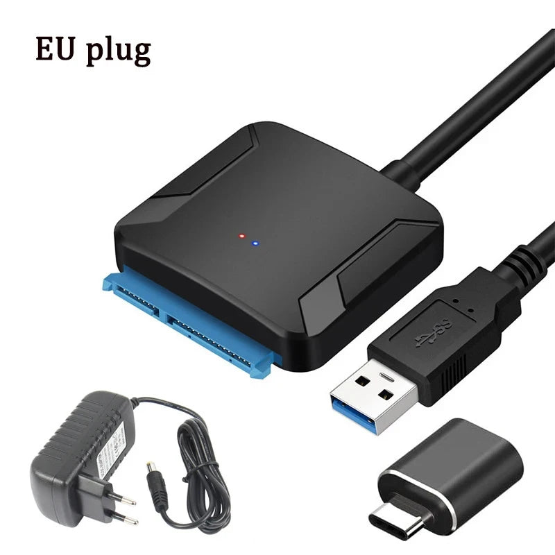 Computer hardware components including a USB 3.0 hub, power adapter, and cable on a white background.