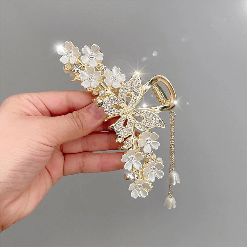 Butterfly Flower Hair Claw Clip with Pearl Pendant