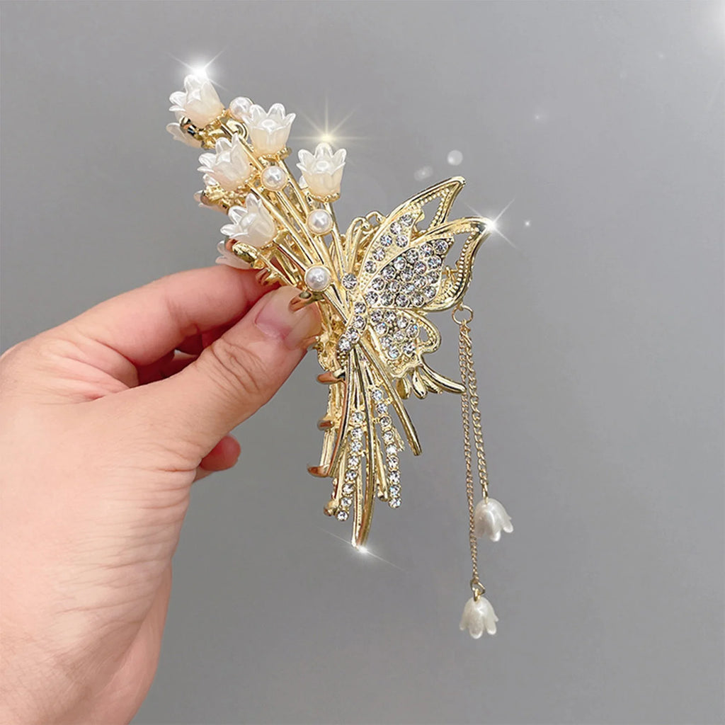 Butterfly Flower Hair Claw Clip with Pearl Pendant