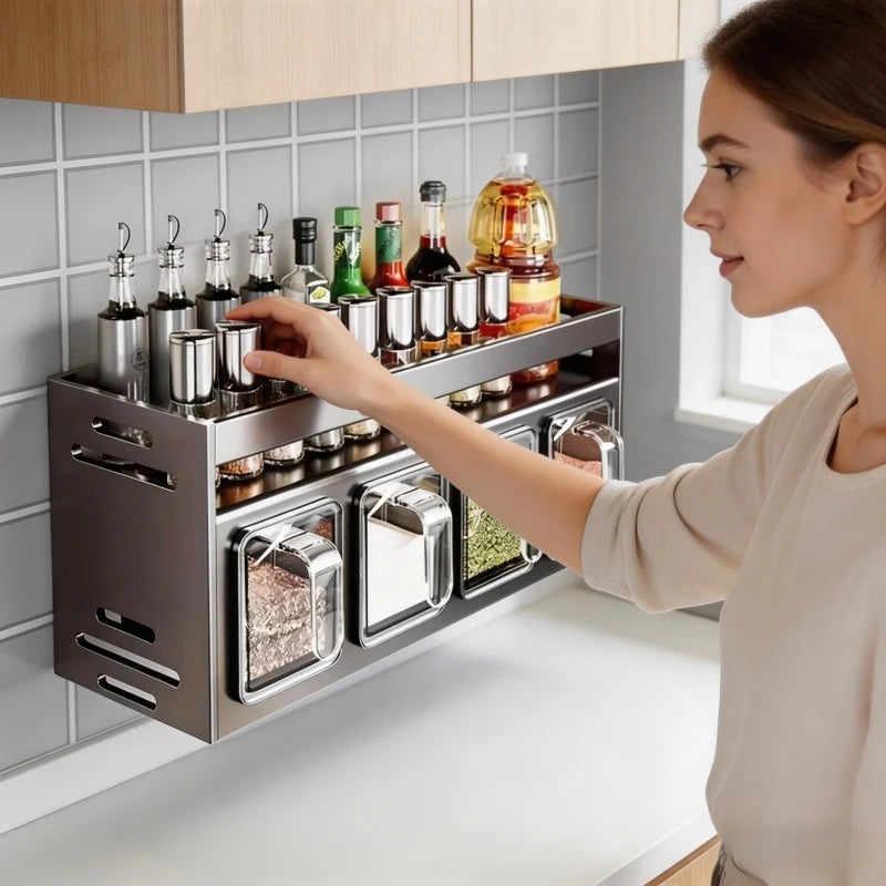 Wall-Mounted Spice Rack – Stainless Steel Kitchen Storage