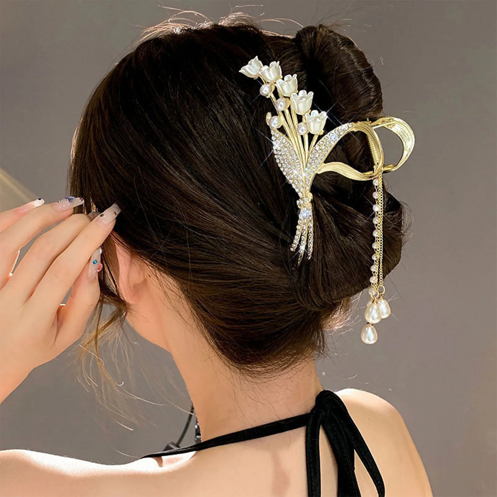 Butterfly Flower Hair Claw Clip with Pearl Pendant