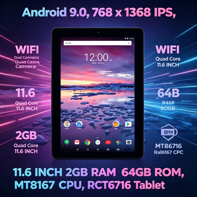 11.6" Android 9.0 Tablet PC – Quad Core, 2GB RAM, 32GB, Dual Camera, WiFi
